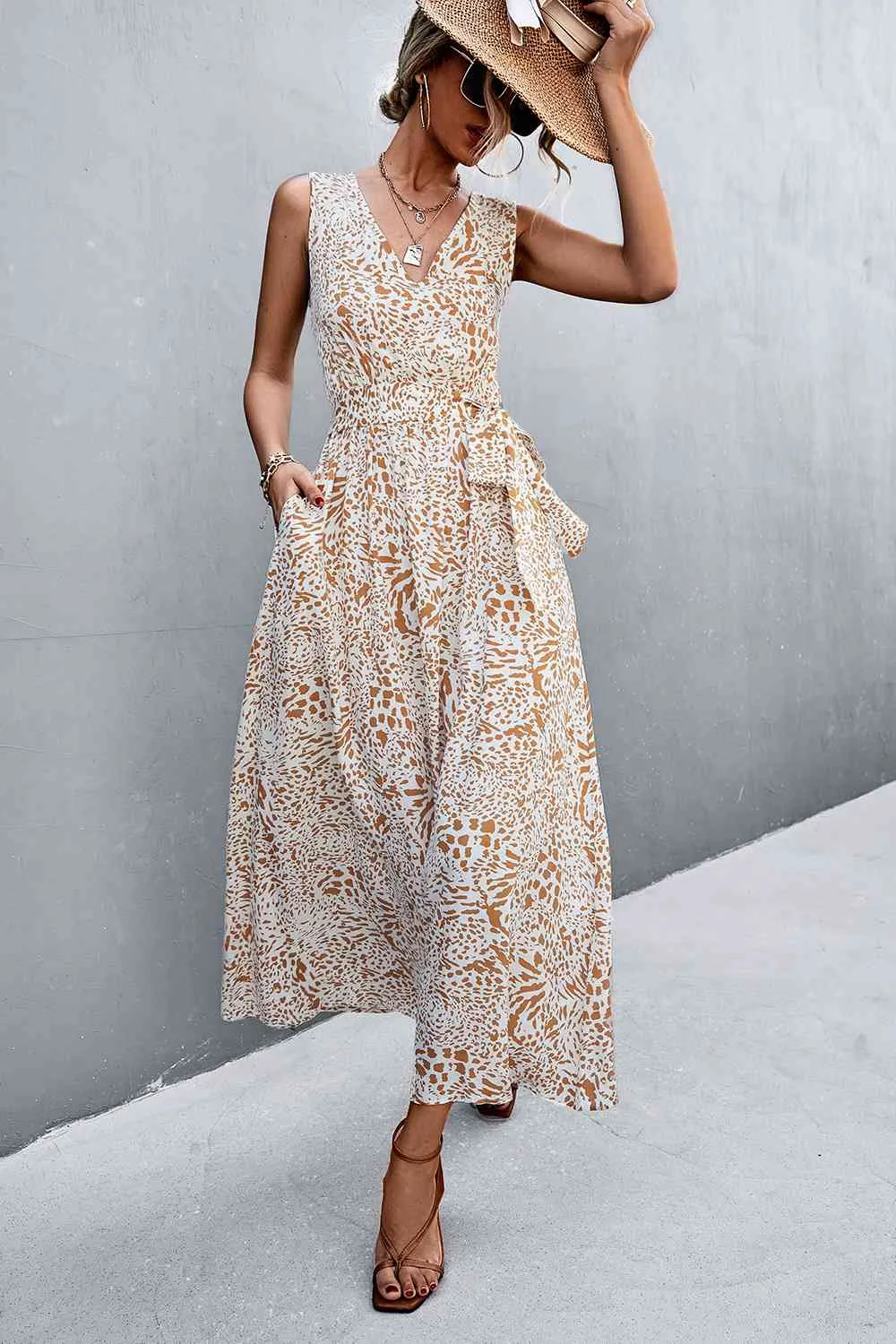 Printed V-Neck Tie Waist Maxi Dress (3 Colors)
