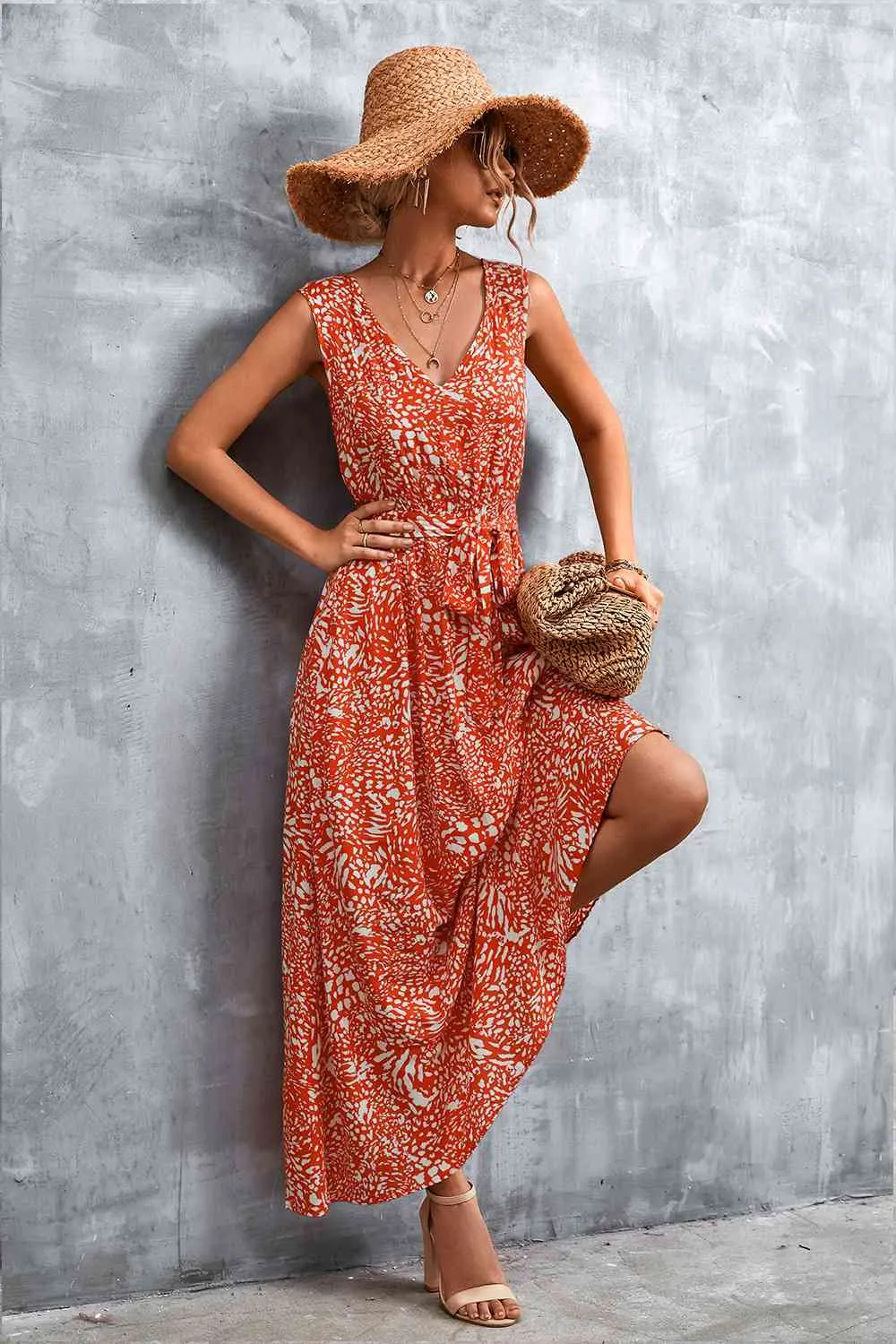 Printed V-Neck Tie Waist Maxi Dress (3 Colors)