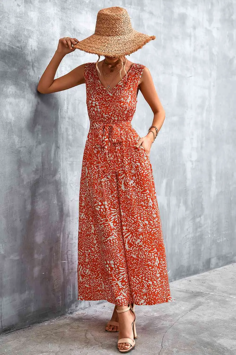Printed V-Neck Tie Waist Maxi Dress (3 Colors)