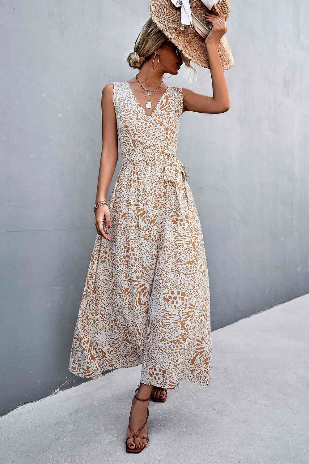 Printed V-Neck Tie Waist Maxi Dress (3 Colors)