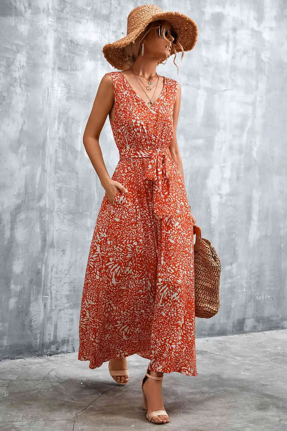 Printed V-Neck Tie Waist Maxi Dress (3 Colors)