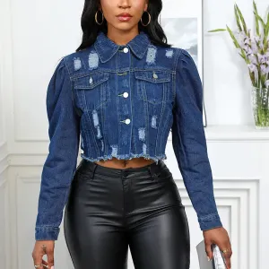 Puff Sleeve Washed Vintage Denim Coat