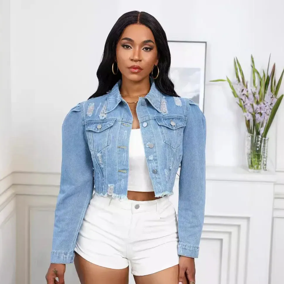 Puff Sleeve Washed Vintage Denim Coat