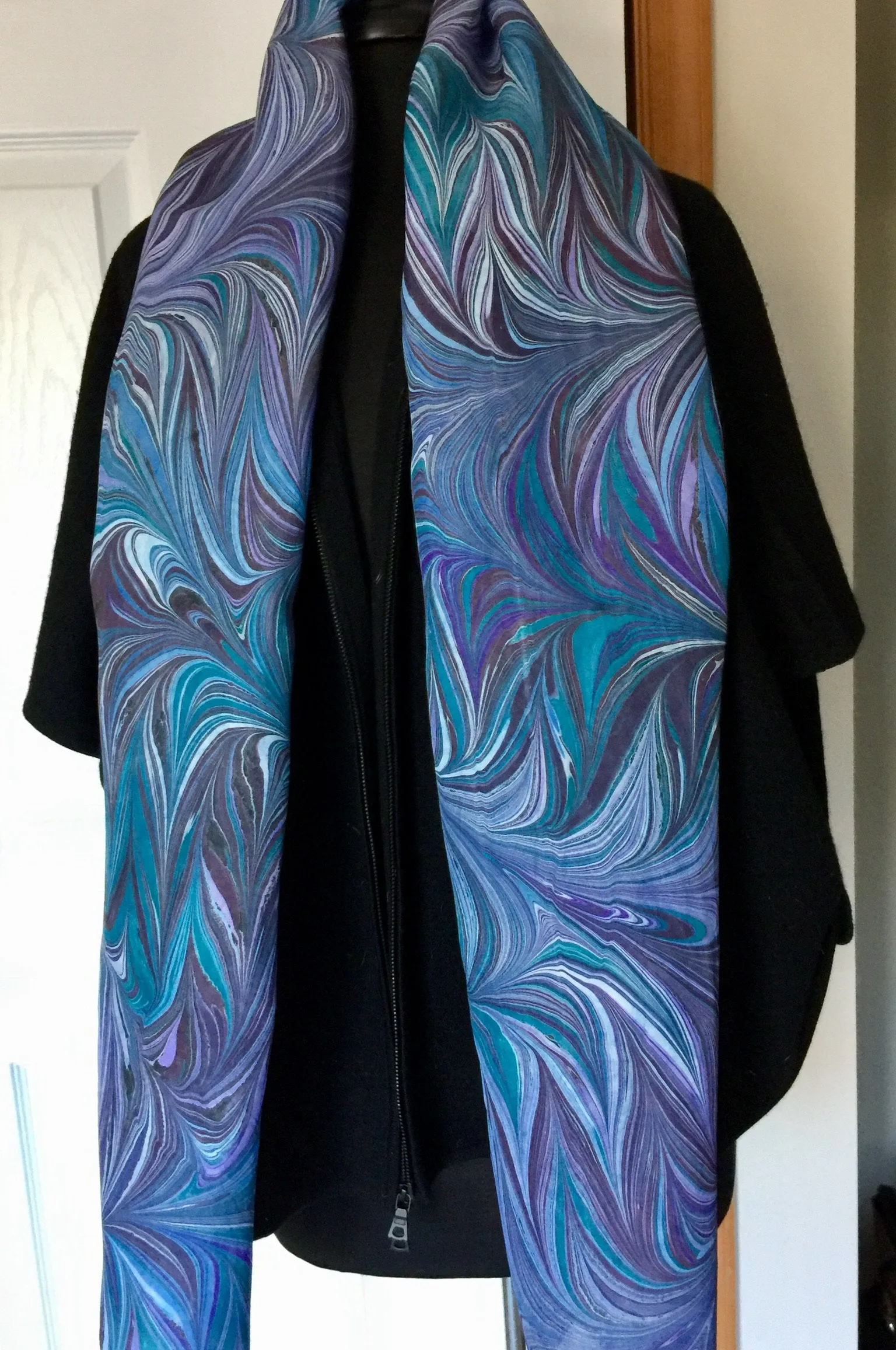 Purple blue teal water marbled 8mm Habotai silk.  Hang on the wall, use as a table runner or wear this unique piece