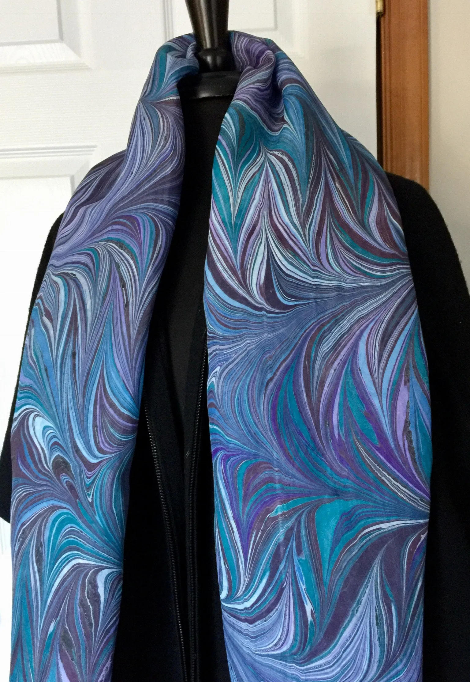 Purple blue teal water marbled 8mm Habotai silk.  Hang on the wall, use as a table runner or wear this unique piece