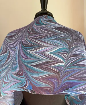 Purple blue teal water marbled 8mm Habotai silk.  Hang on the wall, use as a table runner or wear this unique piece