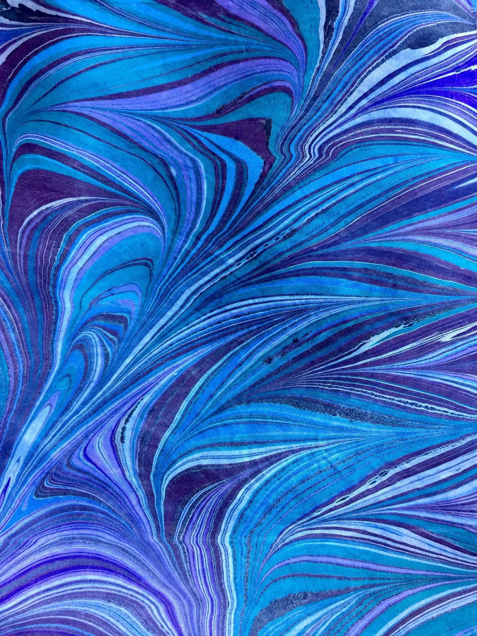 Purple blue teal water marbled 8mm Habotai silk.  Hang on the wall, use as a table runner or wear this unique piece