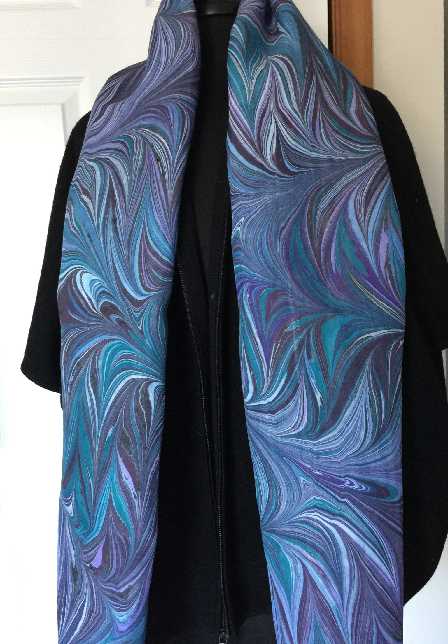 Purple blue teal water marbled 8mm Habotai silk.  Hang on the wall, use as a table runner or wear this unique piece