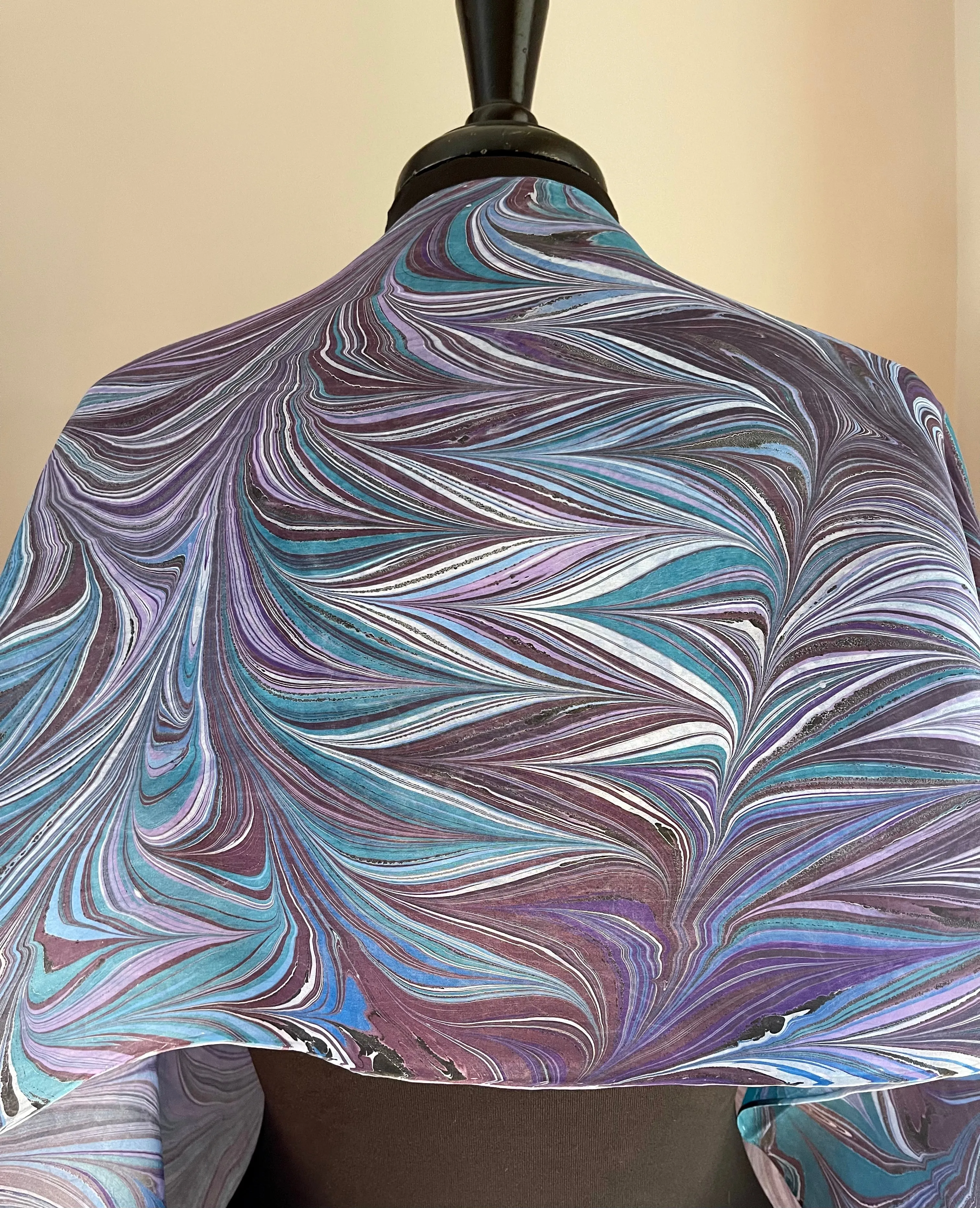 Purple blue teal water marbled 8mm Habotai silk.  Hang on the wall, use as a table runner or wear this unique piece