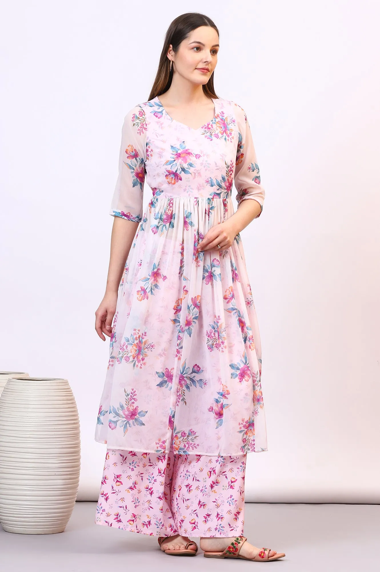 Purple Floral Printed Sheer Nyra Cut Kurta, Flared Palazzo and Stole Set
