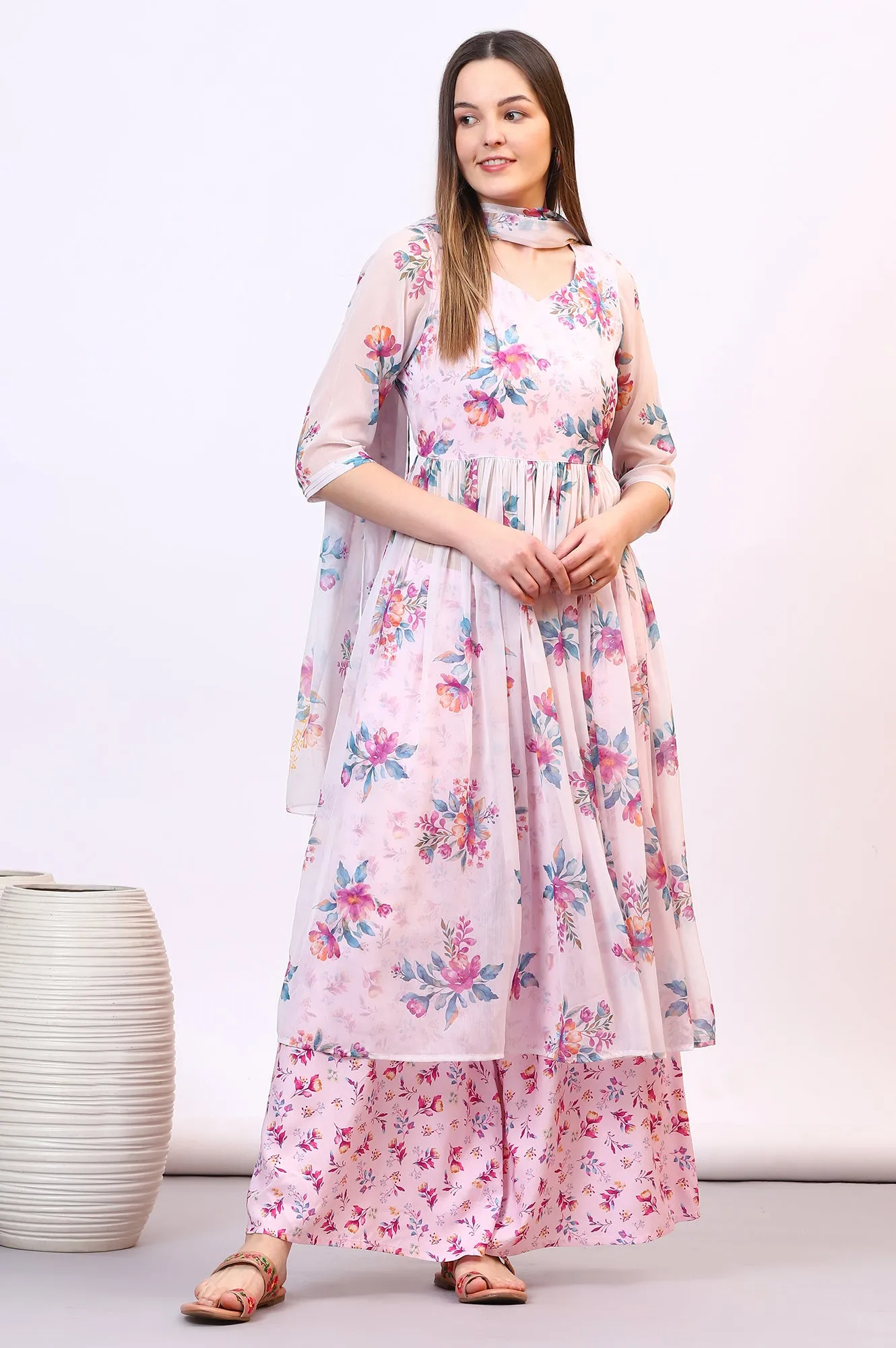 Purple Floral Printed Sheer Nyra Cut Kurta, Flared Palazzo and Stole Set