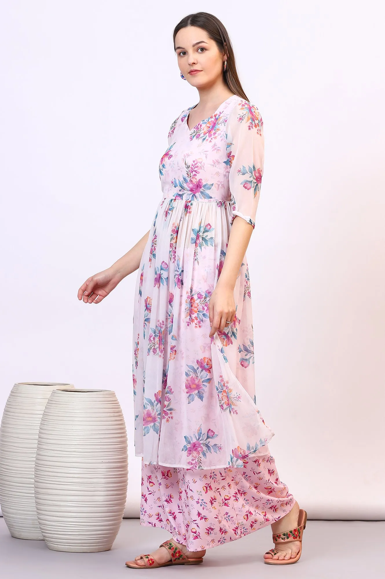 Purple Floral Printed Sheer Nyra Cut Kurta, Flared Palazzo and Stole Set