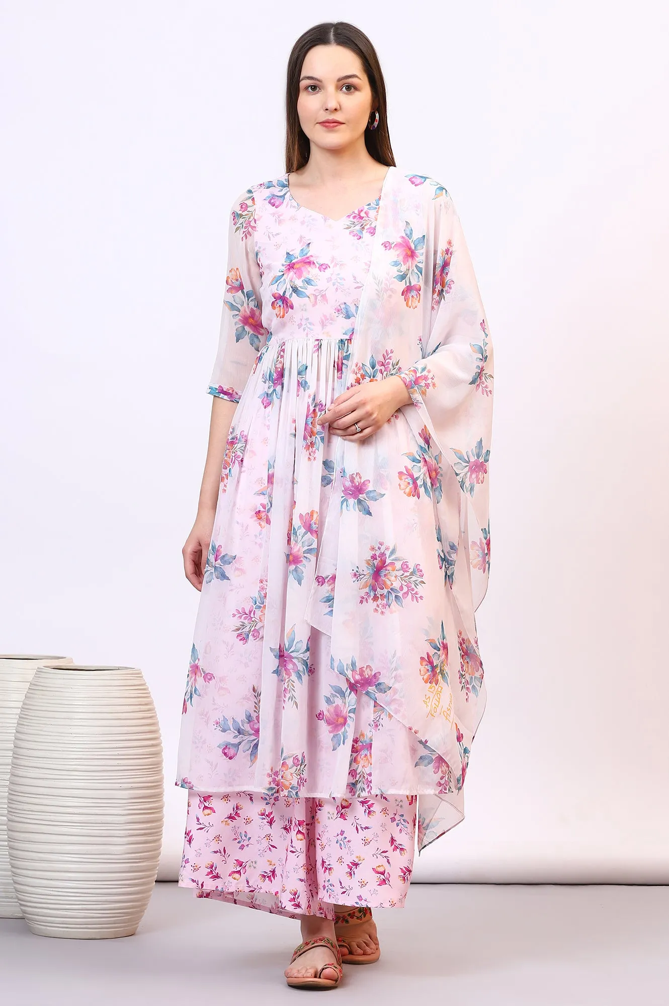 Purple Floral Printed Sheer Nyra Cut Kurta, Flared Palazzo and Stole Set