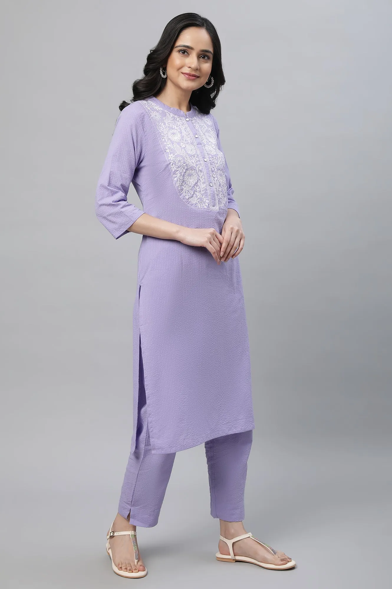 Purple Seer Sucker Embroidered Kurta Co-ord Set