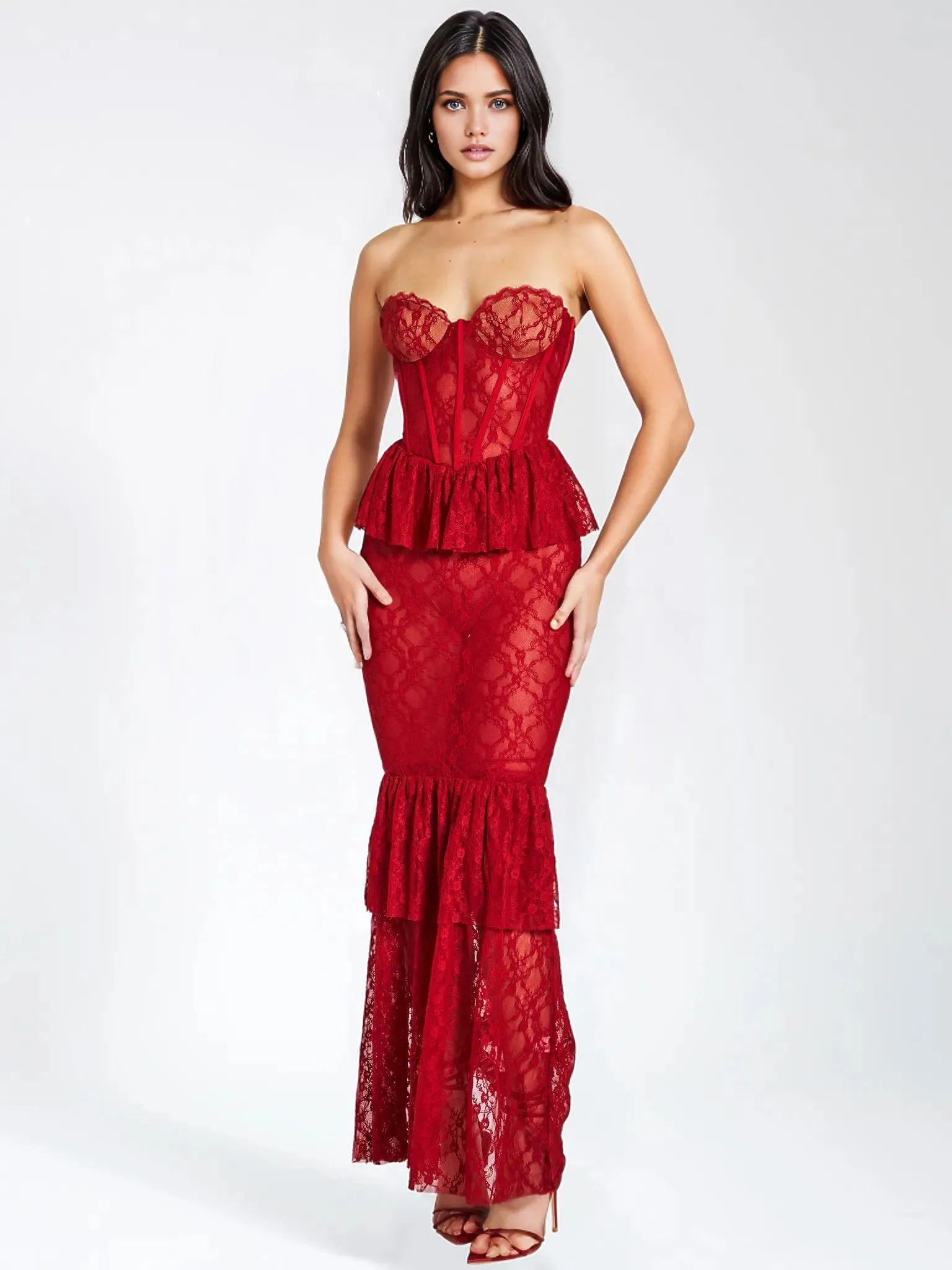 Quin Red Lace Corset Maxi Dress
