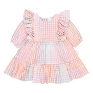 Rainbow Check Frill Long Sleeve Dress