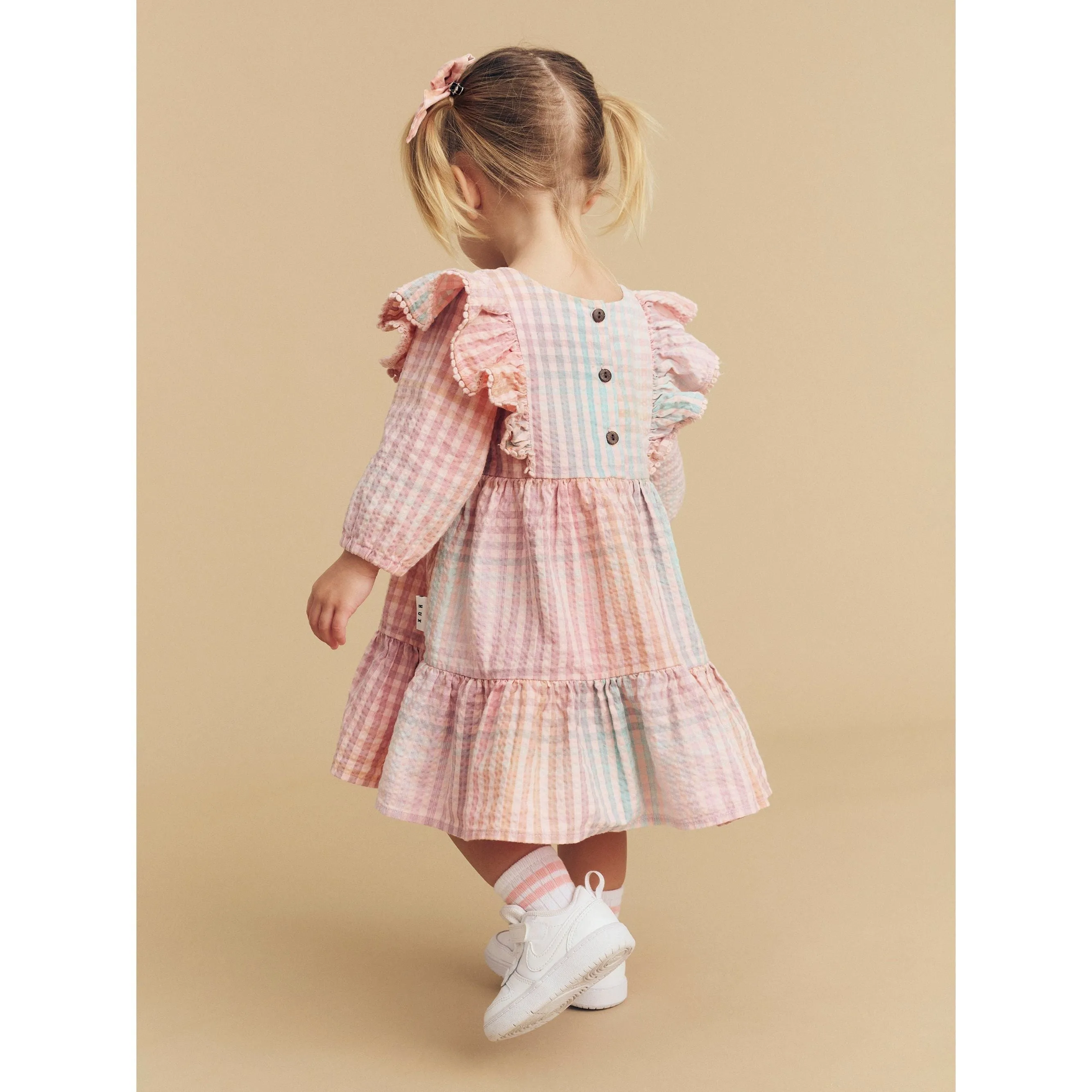 Rainbow Check Frill Long Sleeve Dress