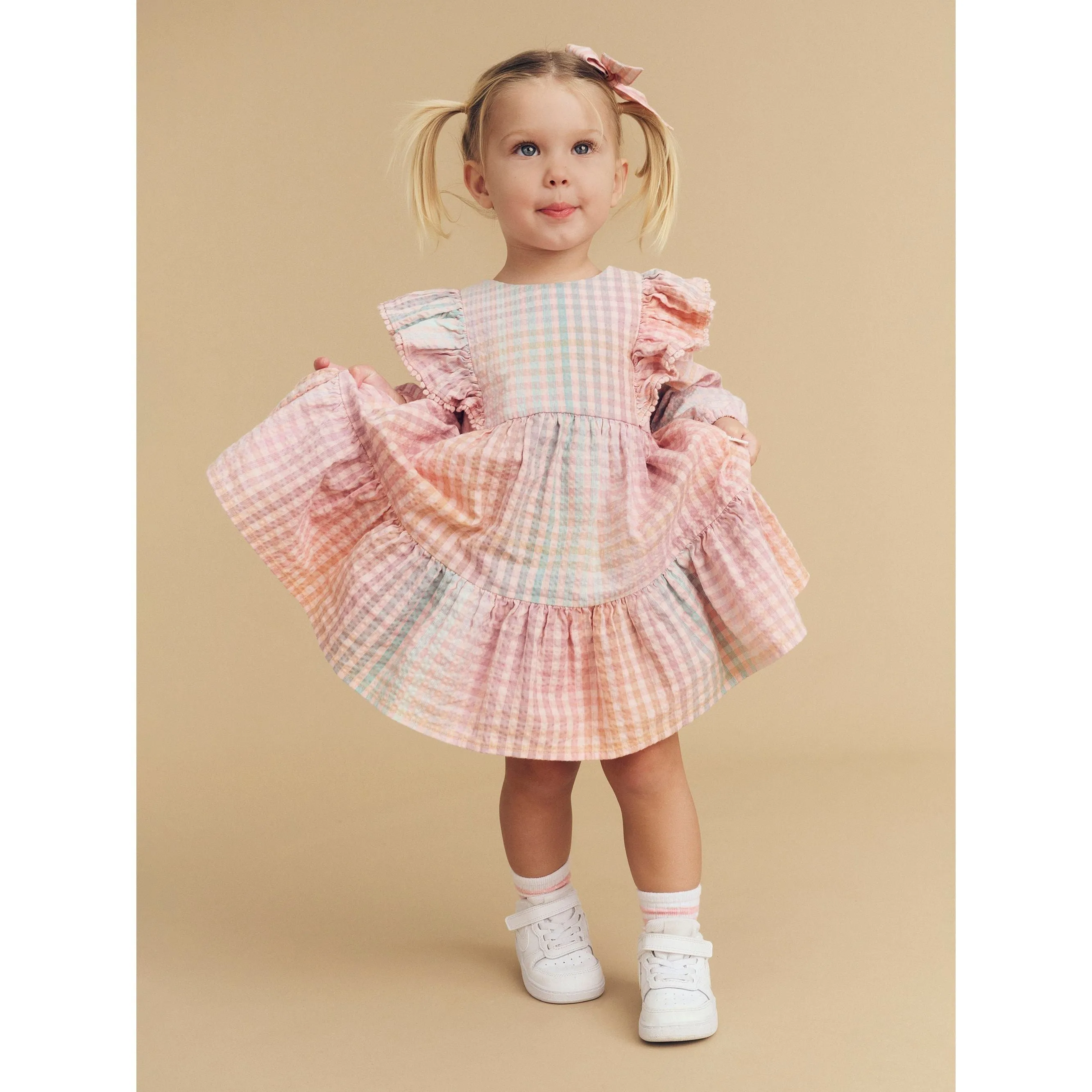 Rainbow Check Frill Long Sleeve Dress