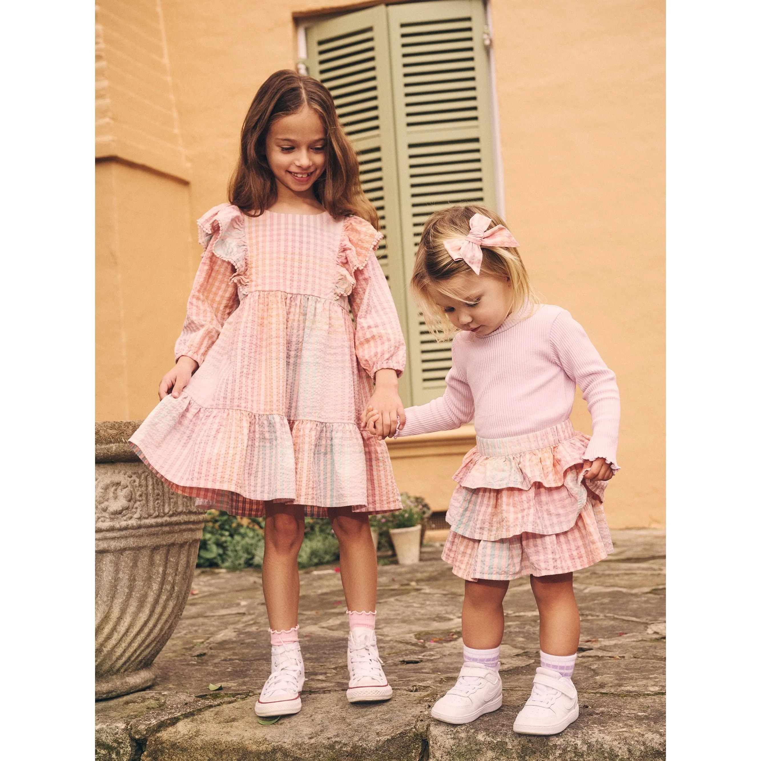 Rainbow Check Frill Long Sleeve Dress