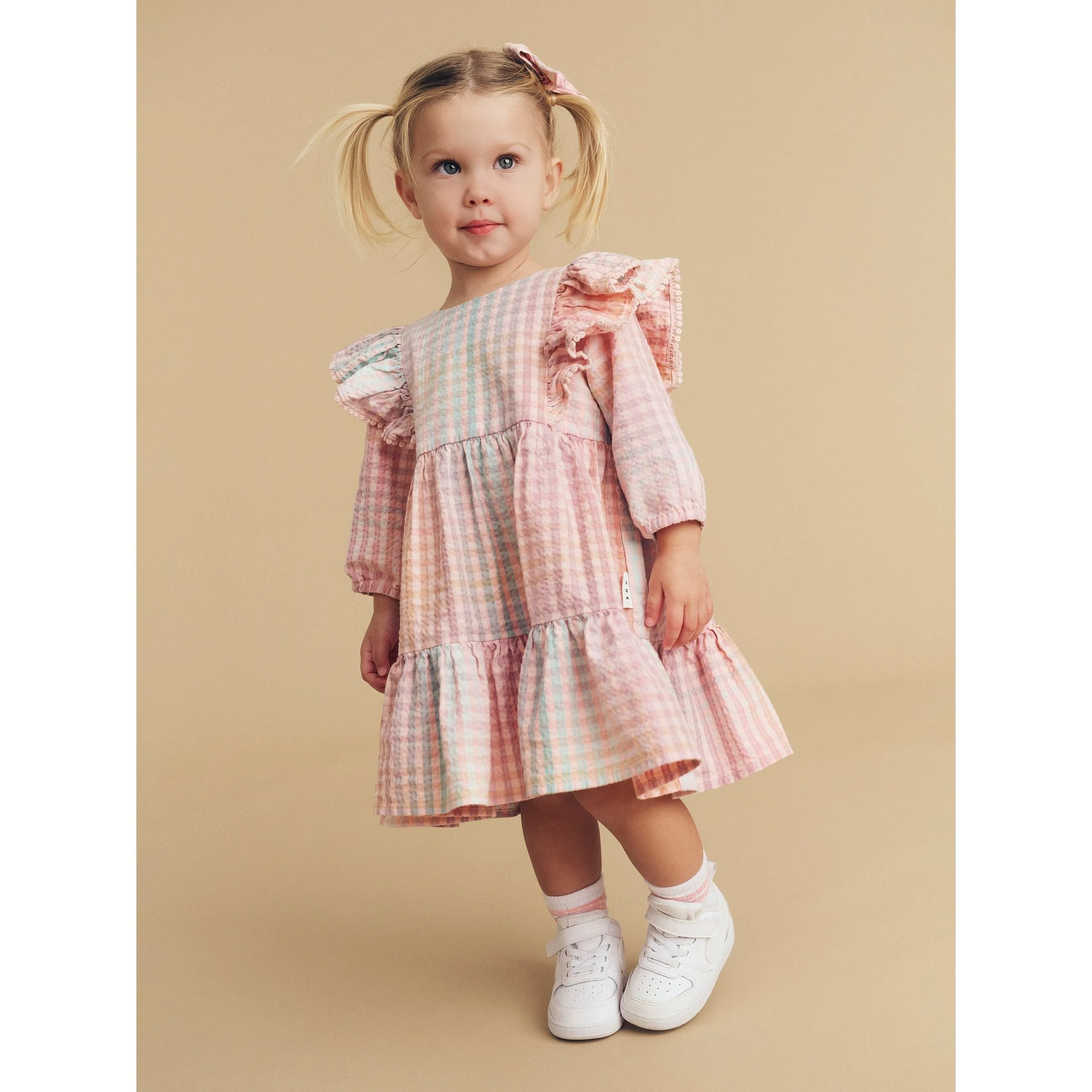 Rainbow Check Frill Long Sleeve Dress