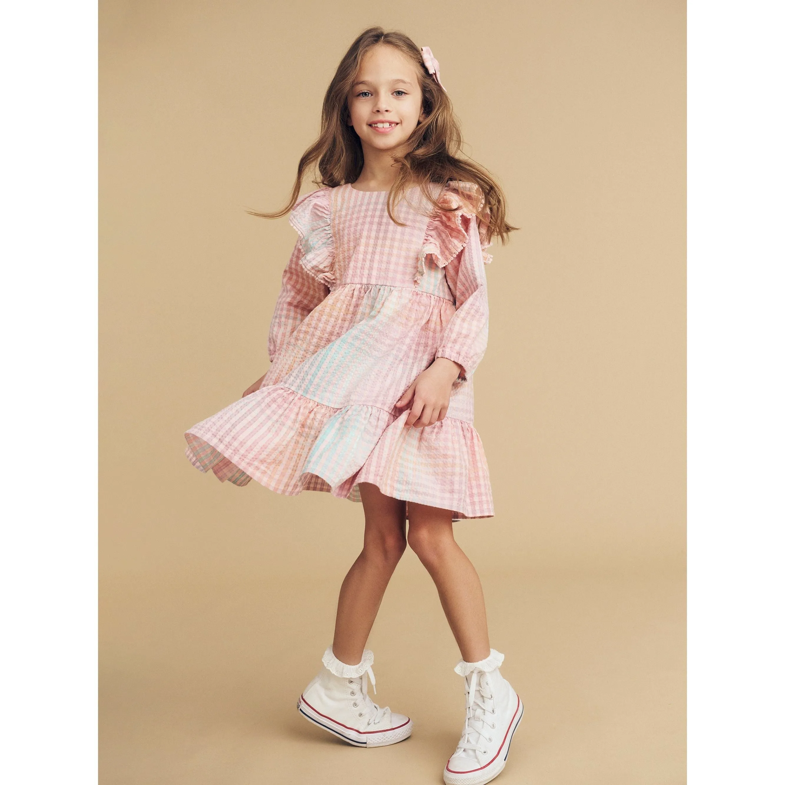 Rainbow Check Frill Long Sleeve Dress