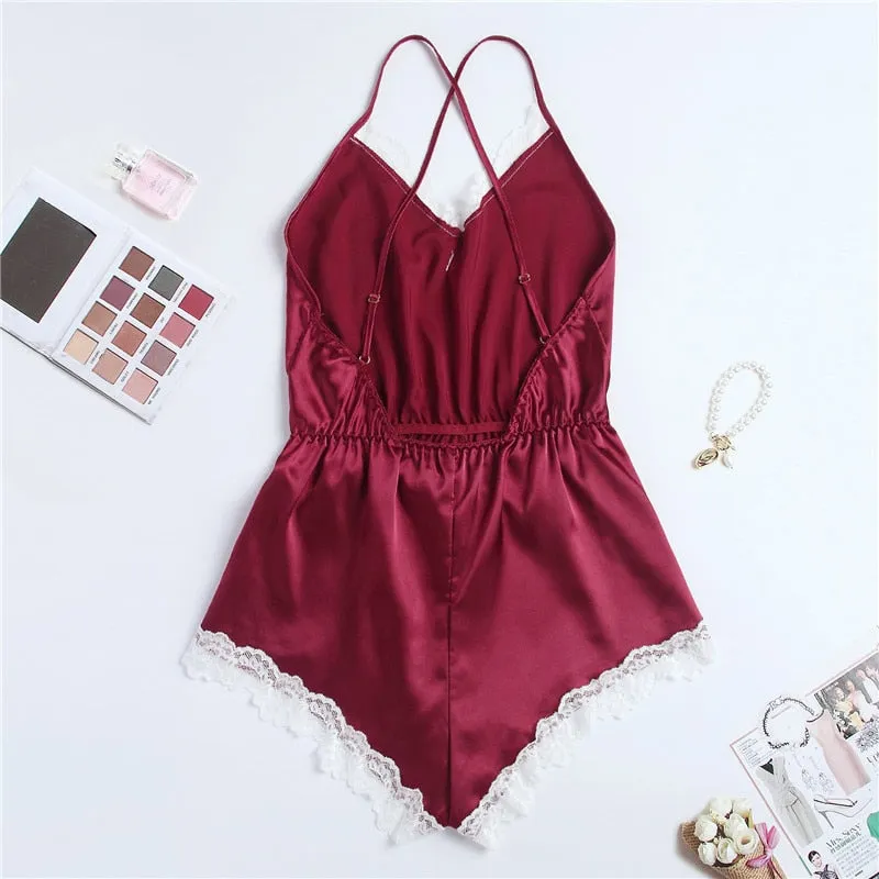 Red satin jumpsuit pajamas