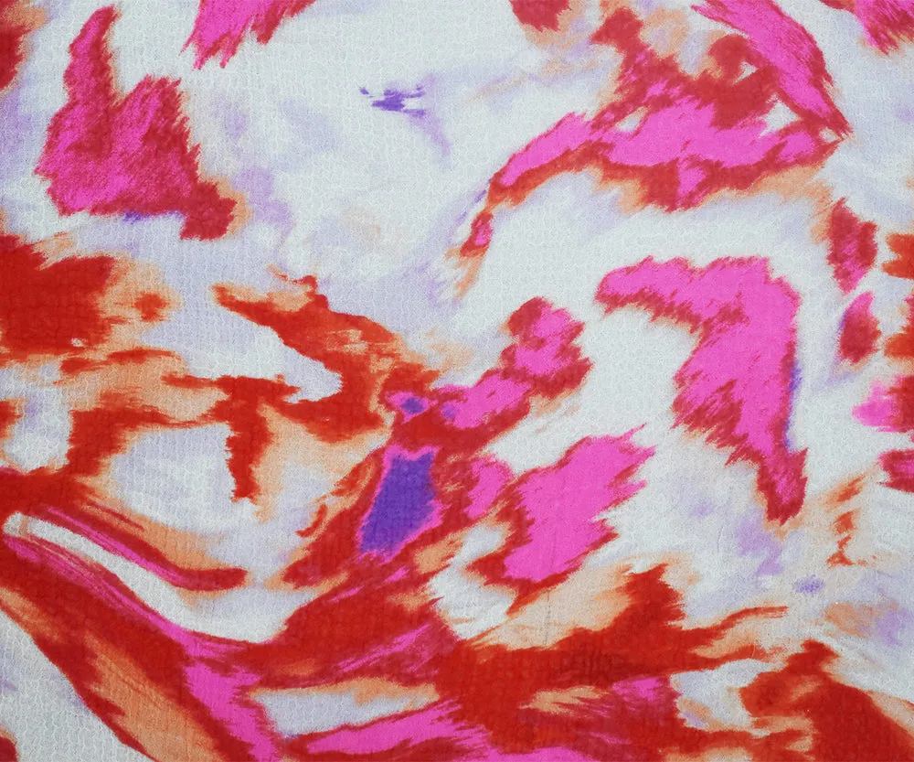 Red-White-Multi Abstract Printed Poly Crinkled Yoryu Chiffon Fabric