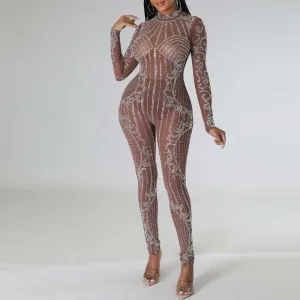 Rhinestone Long Sleeve Sheer Mesh Skinny Jumpsuit