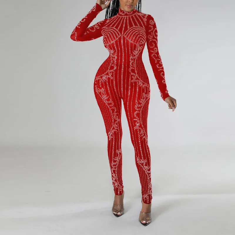 Rhinestone Long Sleeve Sheer Mesh Skinny Jumpsuit