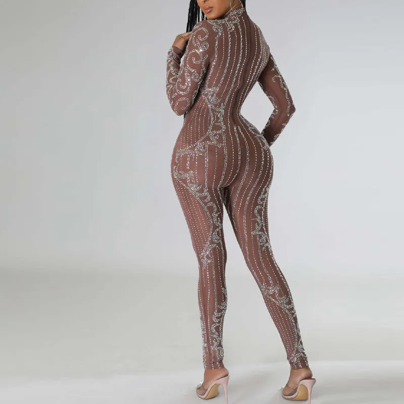 Rhinestone Long Sleeve Sheer Mesh Skinny Jumpsuit