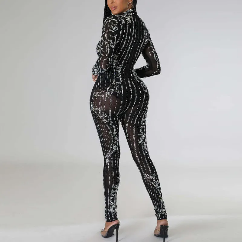 Rhinestone Long Sleeve Sheer Mesh Skinny Jumpsuit