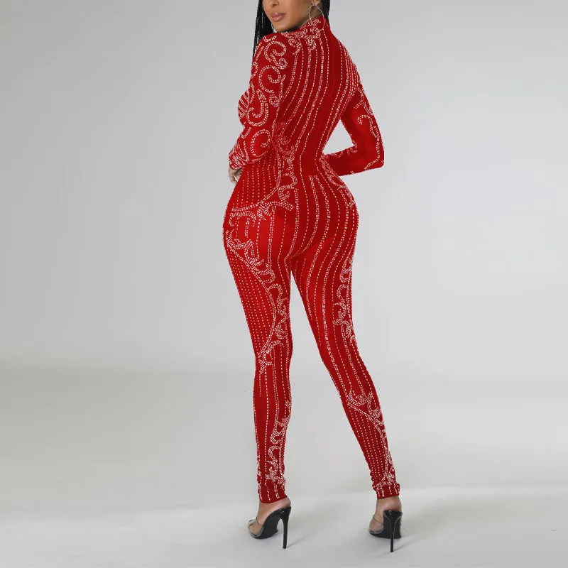 Rhinestone Long Sleeve Sheer Mesh Skinny Jumpsuit
