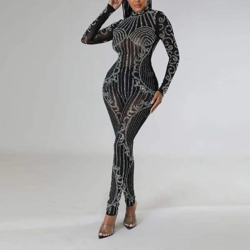 Rhinestone Long Sleeve Sheer Mesh Skinny Jumpsuit