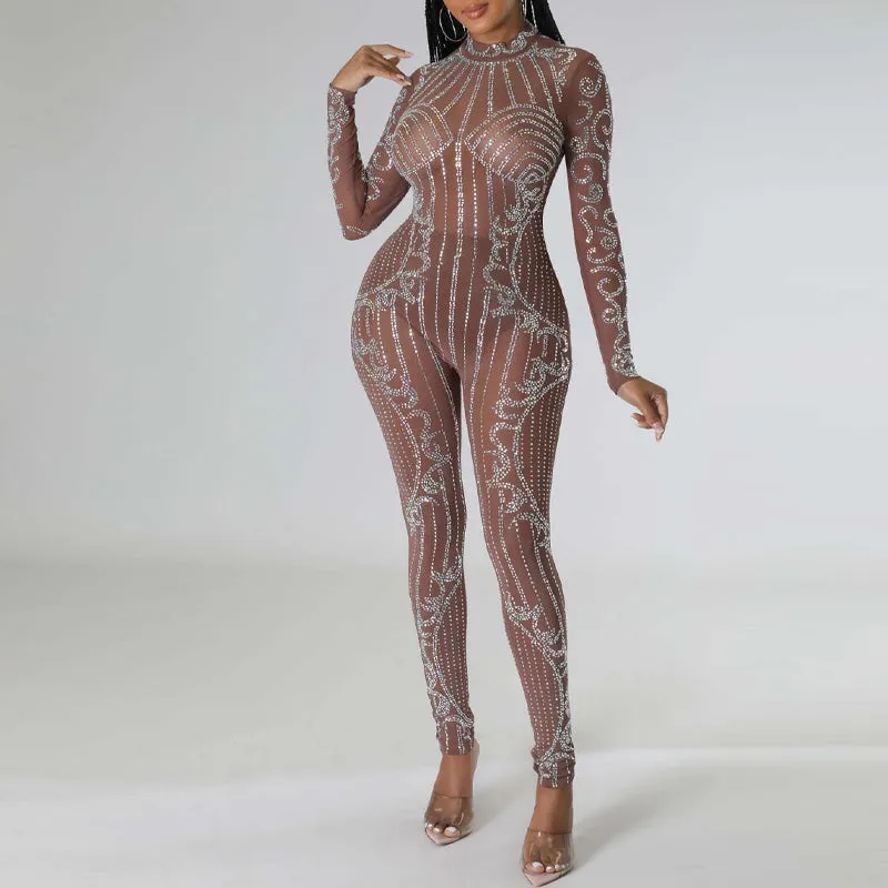 Rhinestone Long Sleeve Sheer Mesh Skinny Jumpsuit