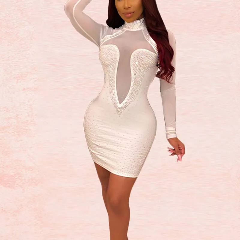 Rhinestone Sleeveless Sheer Mesh Patchwork Bodycon Dress