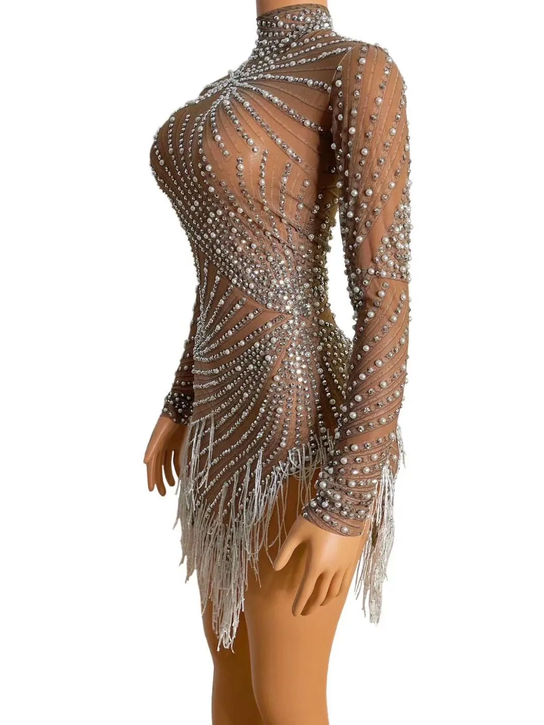 Rhinestones Pearls White Fringe High Neck Mesh Dress
