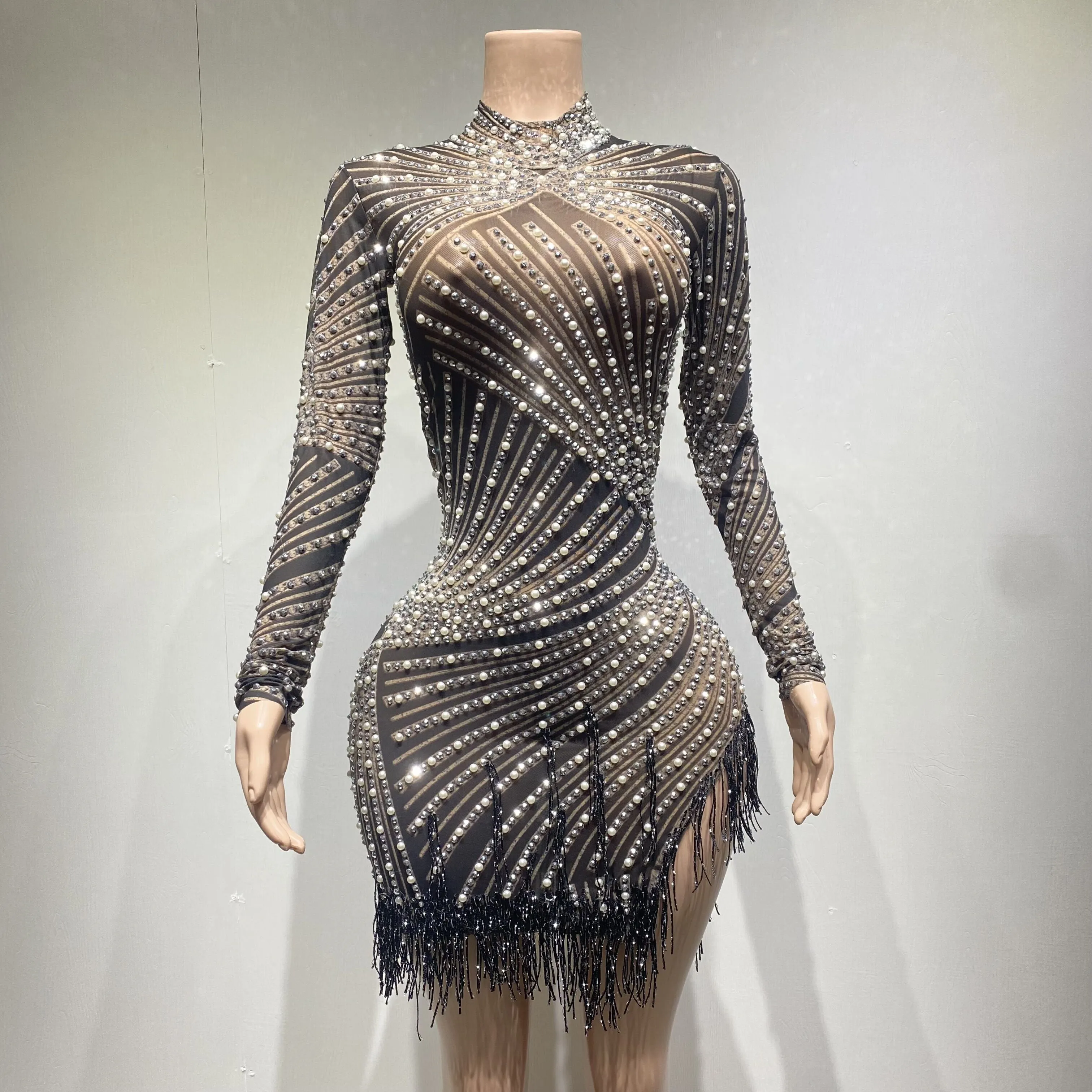 Rhinestones Pearls White Fringe High Neck Mesh Dress