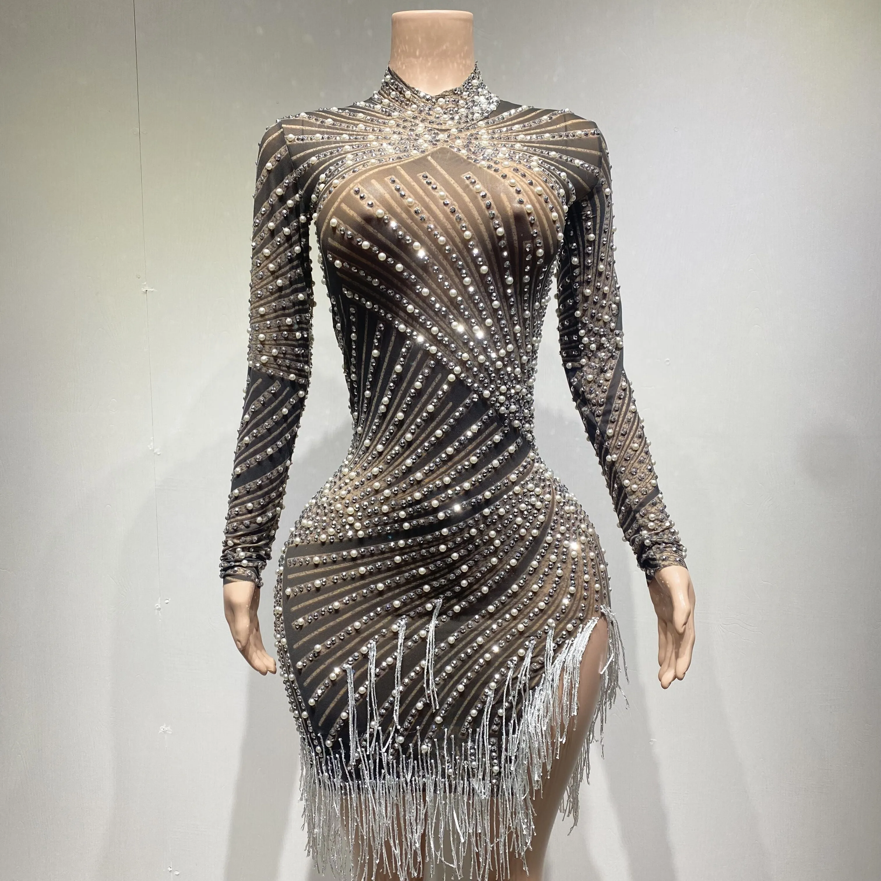 Rhinestones Pearls White Fringe High Neck Mesh Dress