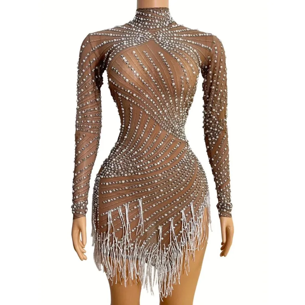 Rhinestones Pearls White Fringe High Neck Mesh Dress