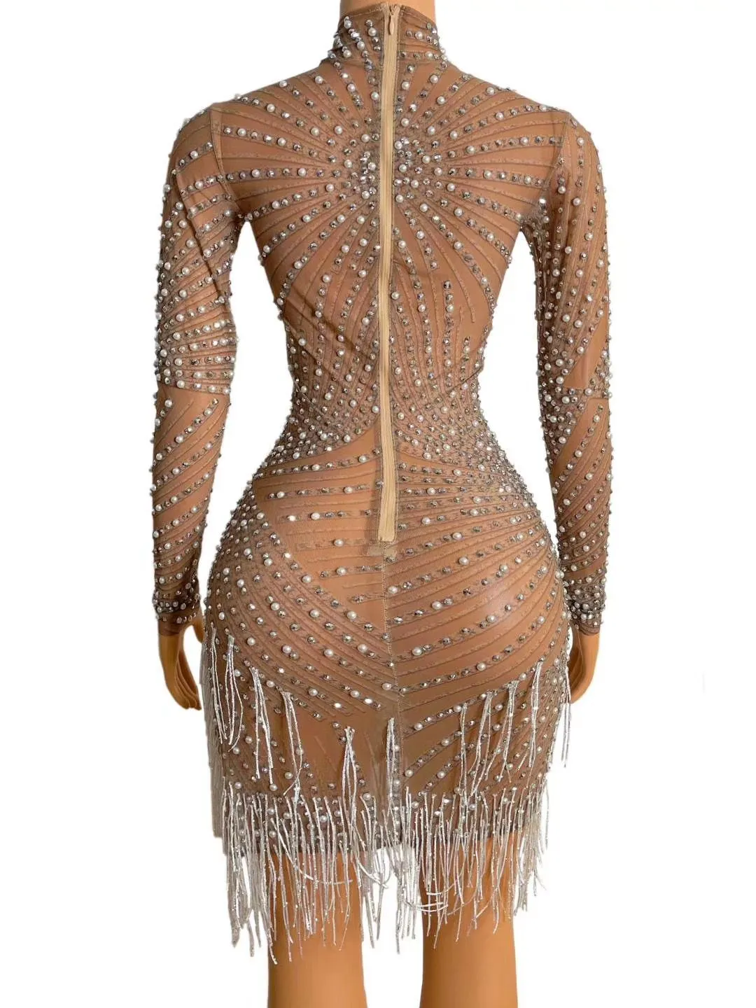 Rhinestones Pearls White Fringe High Neck Mesh Dress