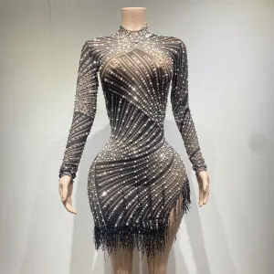 Rhinestones Pearls White Fringe High Neck Mesh Dress