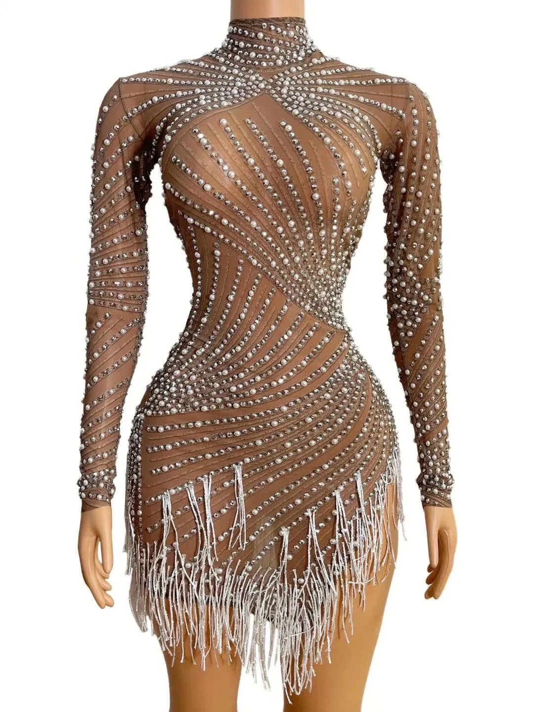 Rhinestones Pearls White Fringe High Neck Mesh Dress