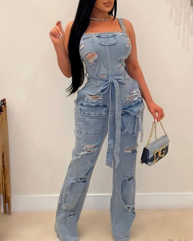 Ripped Denim Overalls