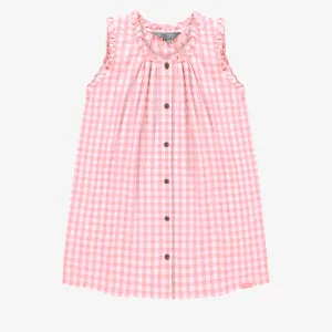 Robe à bretelles larges rose et blanche à carreaux en seersucker, enfant || Pink and white checkered dress with large straps in seersucker, child