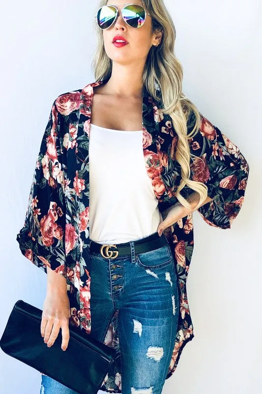 ROSE FLORAL PRINT KIMONO