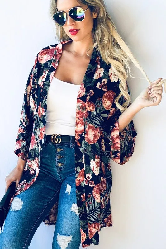 ROSE FLORAL PRINT KIMONO