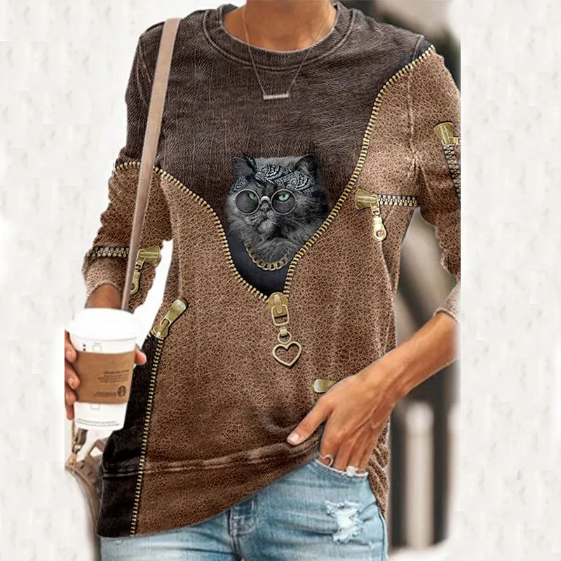 Round Neck Animal Printed T-Shirts Shirts Blouses Sweatshirts