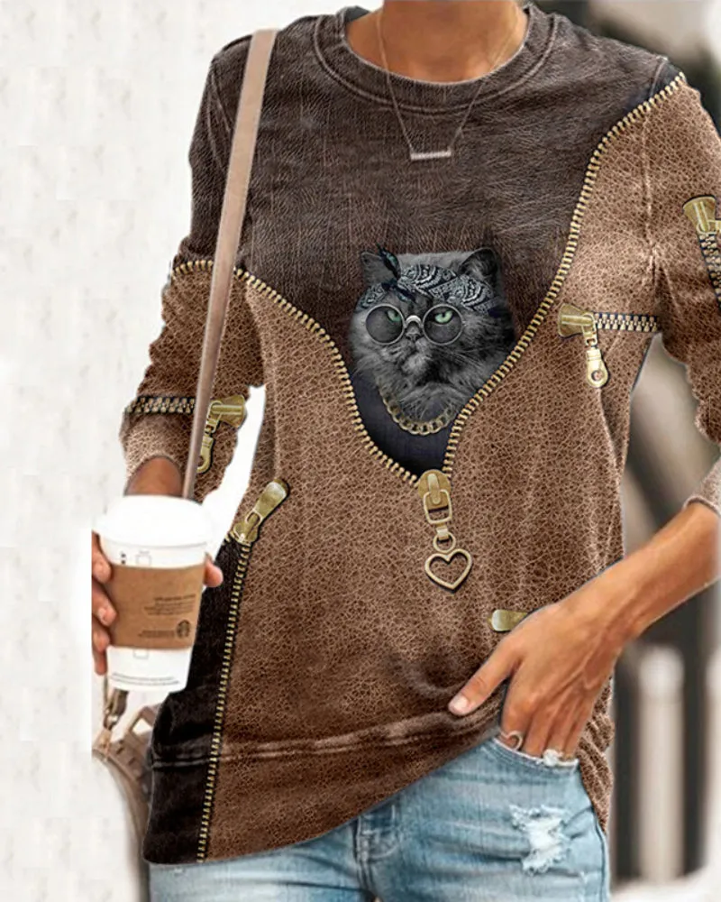 Round Neck Animal Printed T-Shirts Shirts Blouses Sweatshirts