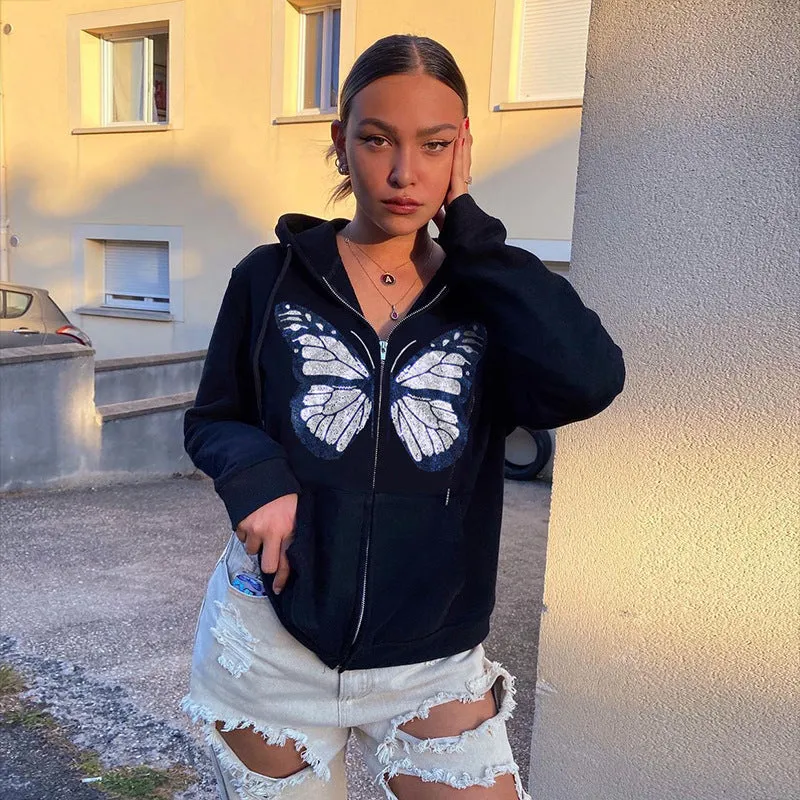 Round Neck Butterfly Beads Shirts Blouses Hoodies Sweatshirts