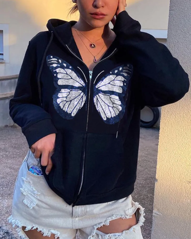 Round Neck Butterfly Beads Shirts Blouses Hoodies Sweatshirts